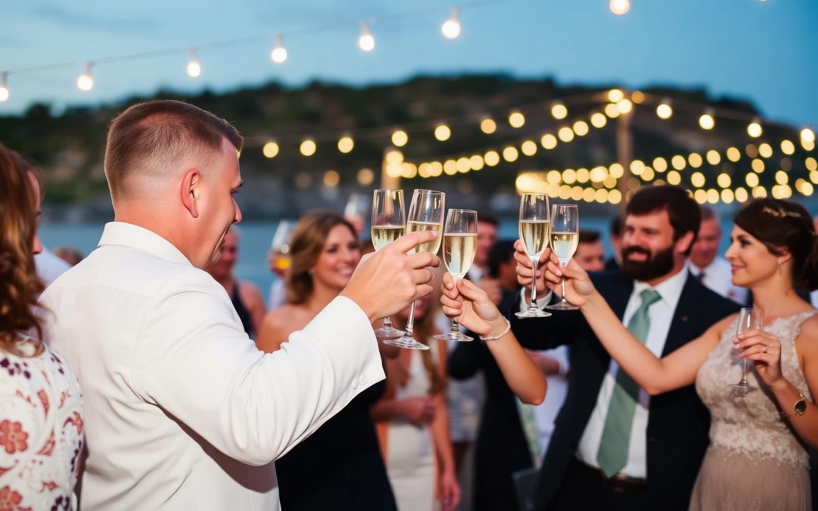 Wedding guests raising a toast at a coastal reception